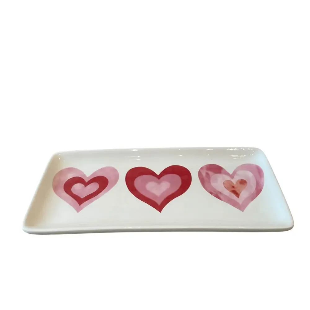 MAXCERA Hearts Serving Platter 5x11 Ceramic Pink Red Valentines Day Decor NEW